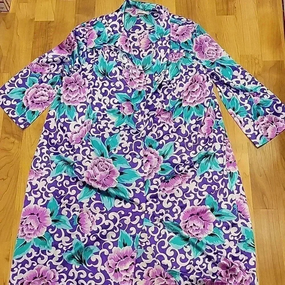 Vintage Vanity Fair Floral Robe Kimono Tunic Cover-Up Side Pockets Sz L - Picture 10 of 12